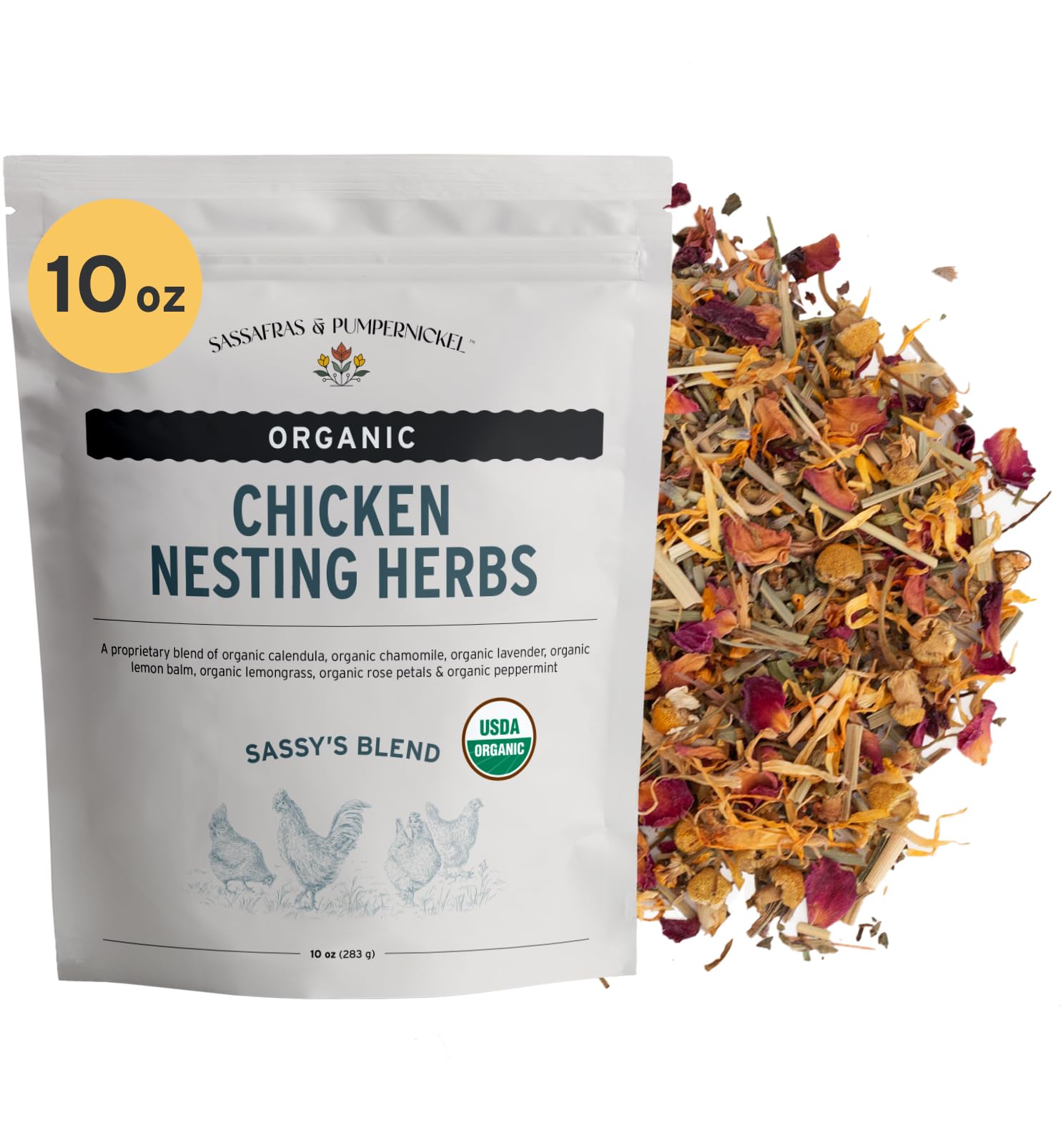 Sassafras & Pumpernickels Certified USDA Organic Chicken Nesting Herbs (10 oz Resealable Bag) Aromatic Herbs for Coops and Nest Boxes nesting herbs for chicken coop coop refresher for chickens